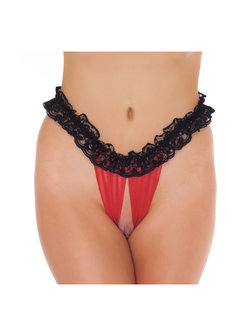 Amorable By Rimba - Burlesque Slipje Met Kanten ruche En Open Kruis - Zwart/Rood