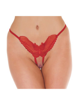 Amorable by Rimba - Luxe Kanten Vlinder Slip Met Open Kruis - Rood - One Size