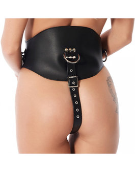 Taillecorset van tuigleer compleet met riemen, ring en latex dildo voorbinddildo