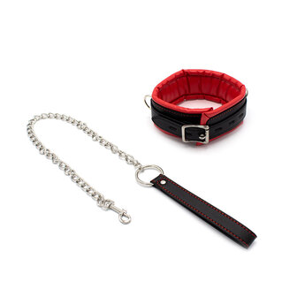 Kiotos Leather Zwarte leren collar met rode voering en leash