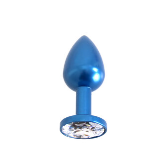 Blauwe Aluminium Buttplug met wit sierkristal