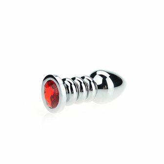 Buttplug aluminium geribbeld met kristal - rood