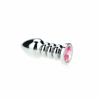 Buttplug aluminium geribbeld met kristal - roze