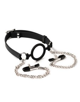 Rimba Latex Play Ring Gag/Mondknevel met tepelklemmen