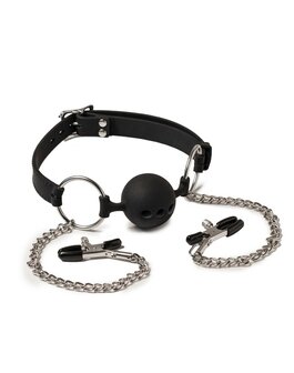 Rimba Latex Play - Ball Gag - Mondknevel met tepelklemmen