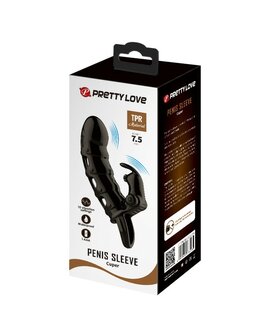 Pretty Love Penis Sleeve met Rabbit Clitoris Stimulator CUPER - zwart