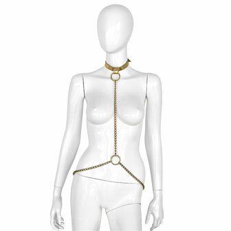 Kiotos Deluxe - Collar - Goud Leren Halsband met Gouden Kettingen - Verstelbaar