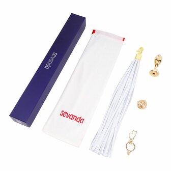 Sevanda - Flogger met Sleutelhanger, Bedel en Tulpvormige Buttplug - Wit/Goud