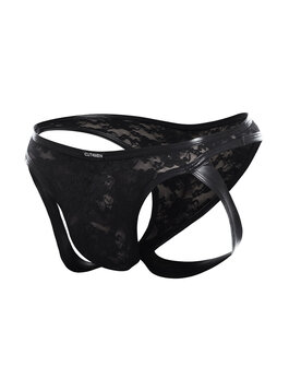 Cut4Men - Sexy Kanten Jockstrap - PU-lederen Bandjes - Zwart - Maat L