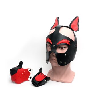 665 Leather -  Masker - Playful Pup Hood - Zwart/Rood/Wit - One Size