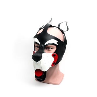 665 Leather - Puppy Hood van PU Leer -  Masker - Playful Pup Hood - Zwart Wit Rood - One Size