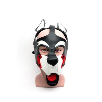 665 Leather - Puppy Hood van PU Leer -  Masker - Playful Pup Hood - Zwart Wit Rood - One Size