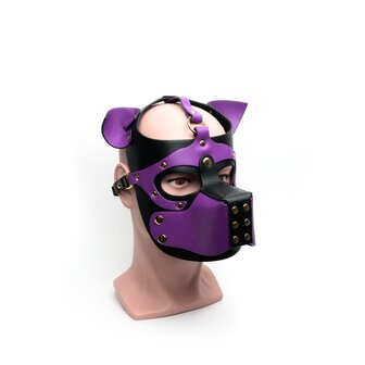 665 - Bondage Pup Hood - Puppy Play Hood - PU Leer - One Size - Zwart/Paars