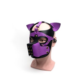 665 - Bondage Pup Hood - Puppy Play Hood - PU Leer - One Size - Zwart/Paars