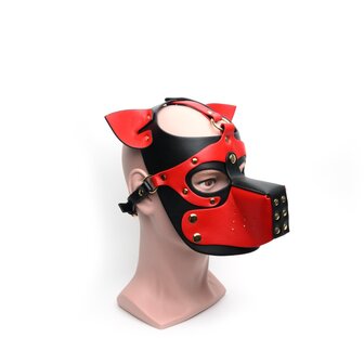 665 - Bondage Pup Hood - Puppy Play Hood - PU Leer - One Size - Zwart/Rood