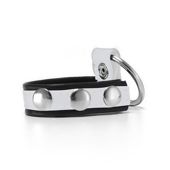 Black Label - Leren Cockstrap met Metalen Penisring - Zwart/Wit