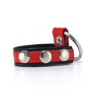 Black Label - Leren Cockstrap met Metalen Penisring - Zwart/Rood