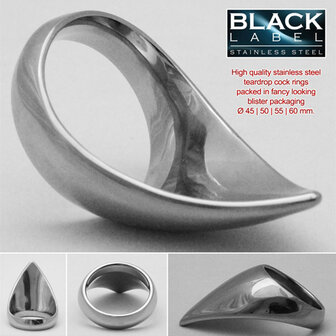 Black Label - Teardrop Cockring - Stimuleert de Prostaat - RVS - Zilver - Diameter 55 mm