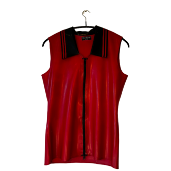 Peter Domenie - Latex Herenshirt Mouwloos met Kraagje - Rood met Zwarte Striping - Maat M