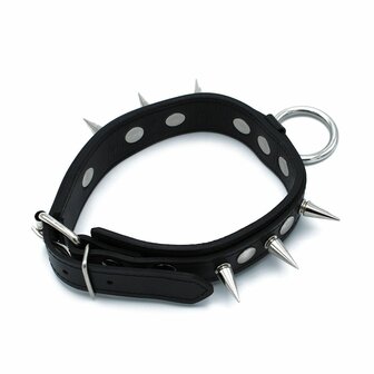 Kiotos - Zwarte Lederen Spiked Collar met O-Ring