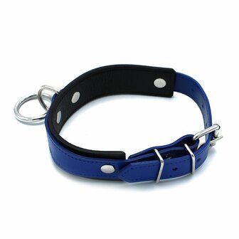 Kiotos - Zwart/Blauwe Lederen Collar met Grote O-Ring