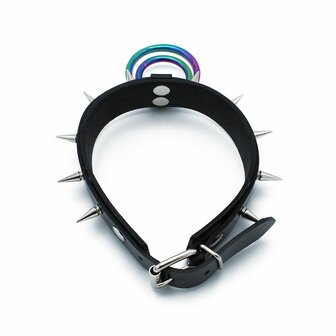 Kiotos - Zwarte Lederen Spiked Collar met Dubbele Rainbow O-Ring