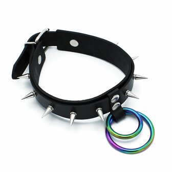 Kiotos - Zwarte Lederen Spiked Collar met Dubbele Rainbow O-Ring