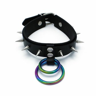 Kiotos - Zwarte Lederen Spiked Collar met Dubbele Rainbow O-Ring