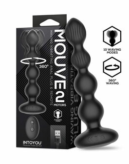 IY Mouve - Roterende en Vibrerende Geribbelde Buttplug met Afstandsbediening - 2 motoren - Zwart