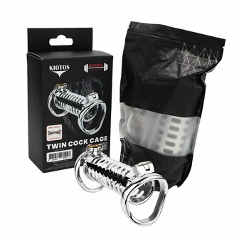 Kiotos - Twin Cock Cage - Dubbele Kuisheidskooi - RVS
