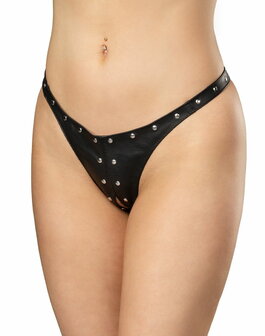 Rimba - Lederen Dames String met Open Kruis - Gedecoreerd met Studs - Zwart - Maat L/XL