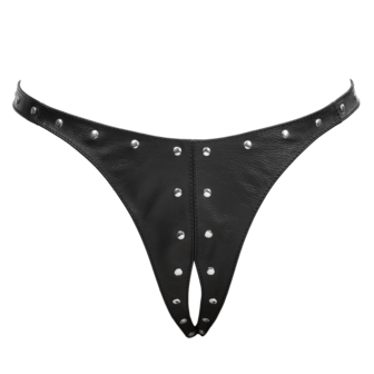 Rimba - Lederen Dames String met Open Kruis - Gedecoreerd met Studs - Zwart - Maat L/XL