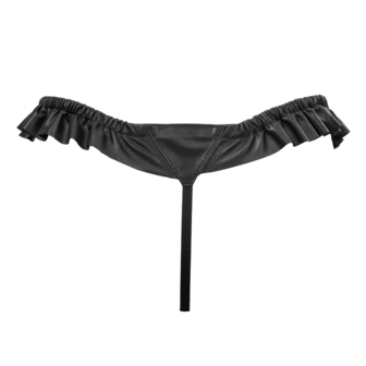 Rimba - Luxe Lederen Dames String met Ruches - Rekbare Bandjes - Zwart - Maat S/M