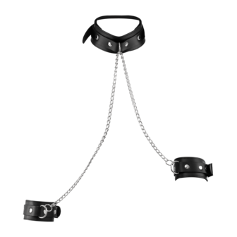 Rimba - Lederen Boeienset met Halsband en Ketting - Zwart/Zilver