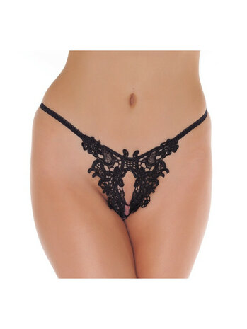 Amorable By Rimba - Luxe Kanten String Met Open Kruis - Zwart