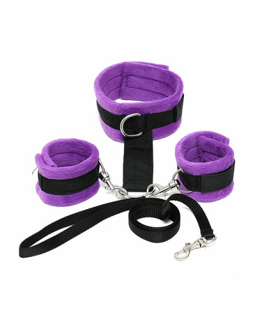 Soft Bondage Collar met handboeien en leiband - zwart/paars