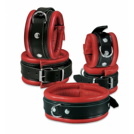 Leren enkelboeien 5 cm breed gevoerd - zwart/rood