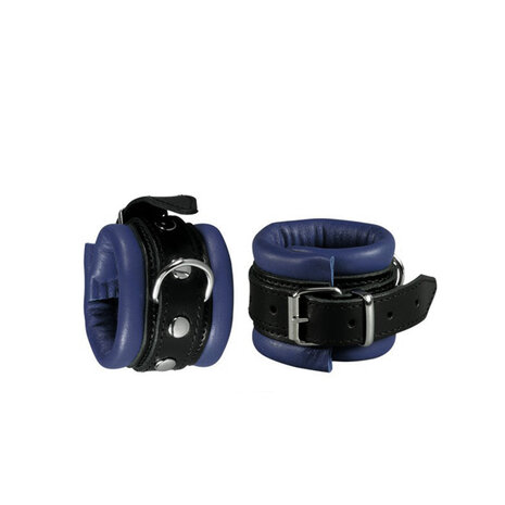 Leren handboeien 5 cm breed gevoerd - zwart/blauw