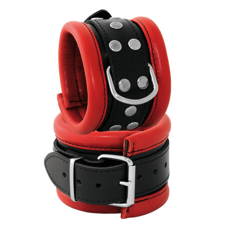 Leren handboeien 6.5 cm breed gevoerd - rood/zwart