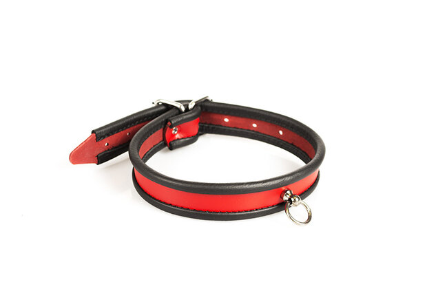 Klassieke Lederen Vrouwen Collar Met Gesp En O-Ring â€“ Zwart/Rood