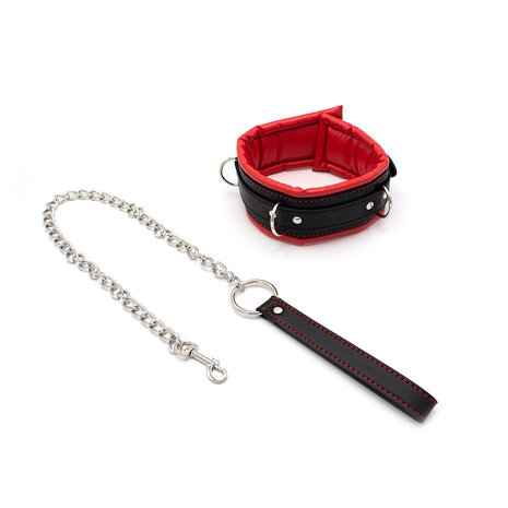 Kiotos Leather Zwarte leren collar met rode voering en leash