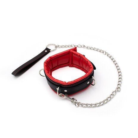 Kiotos Leather Zwarte leren collar met rode voering en leash