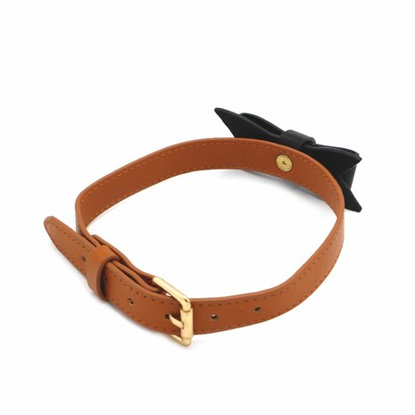 Kiotos - Bruin Leren collar Met Zwarte Strik En leiband