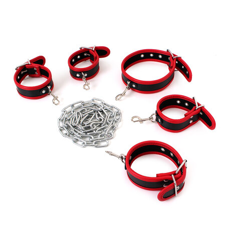 Budget Bondageset met collar, hand- en voetboeien - rood/zwart