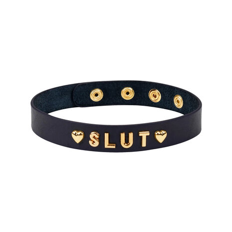 Liebe Seele - Smalle Collar/Choker met gouden letters SLUT - luxe en exclusief ontwerp - zwart/goud