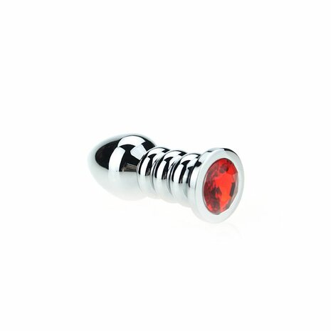 Buttplug aluminium geribbeld met kristal - rood