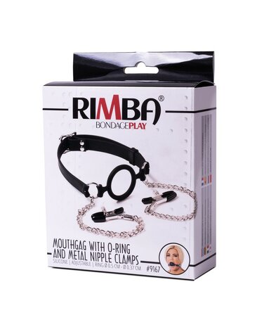 Rimba Latex Play Ring Gag/Mondknevel met tepelklemmen