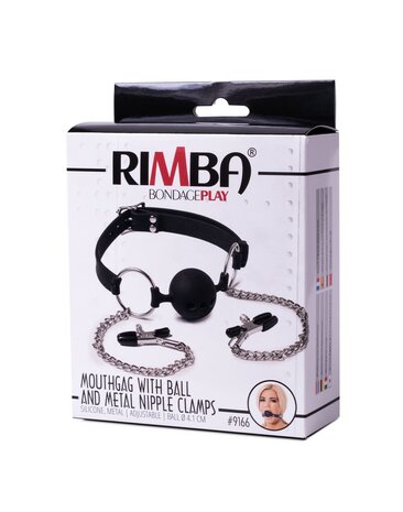Rimba Latex Play - Ball Gag - Mondknevel met tepelklemmen