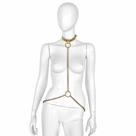Kiotos Deluxe - Collar - Goud Leren Halsband met Gouden Kettingen - Verstelbaar