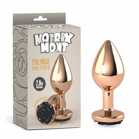 Matrix Mont - Evil Rose - Anaal Plug met Zwarte Roos - Goud - Aluminium - Maat M